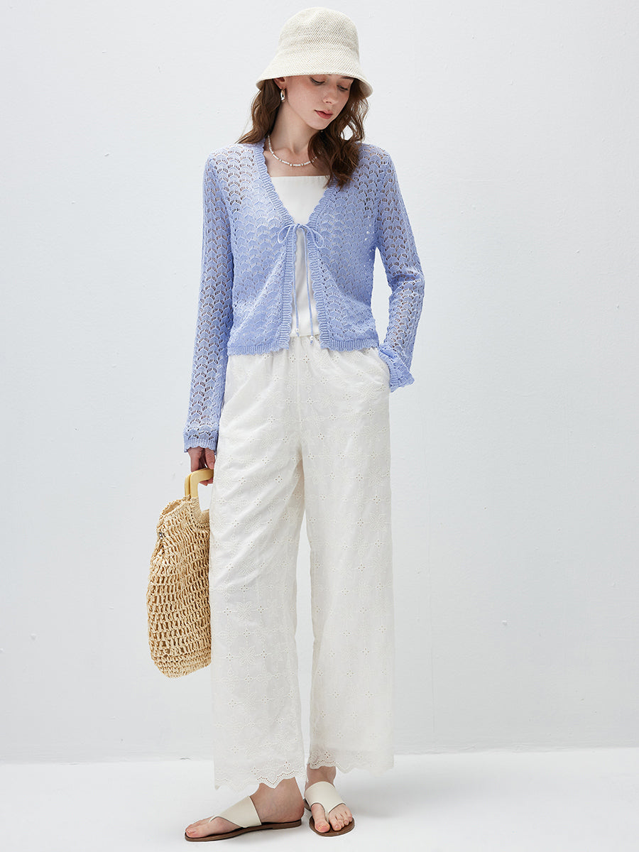 COMOBOCA Women's Linen Lace Knit Tie Front Cardigan