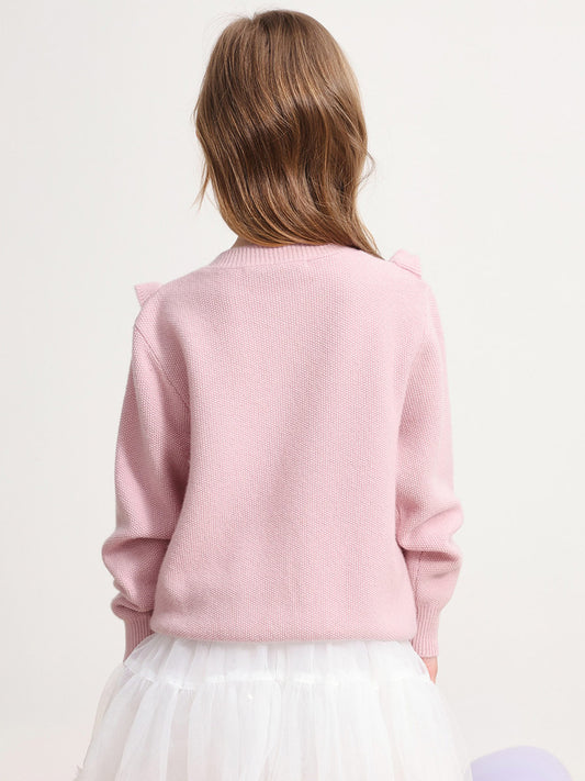 COMOBOCA 100% Wool Kids' Round Neck Heart Button Cardigan