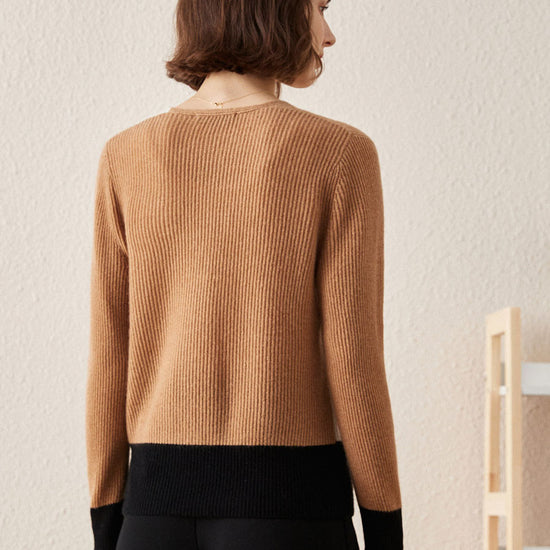 COMOBOCA 100% Cashmere Women's V-Neck Color Block Faux Sweater