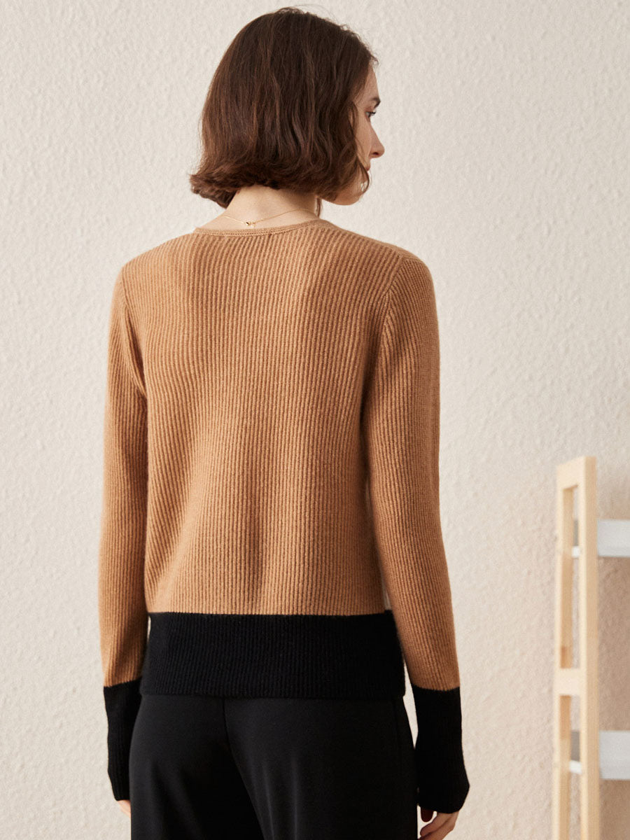 COMOBOCA 100% Cashmere Women's V-Neck Color Block Faux Sweater