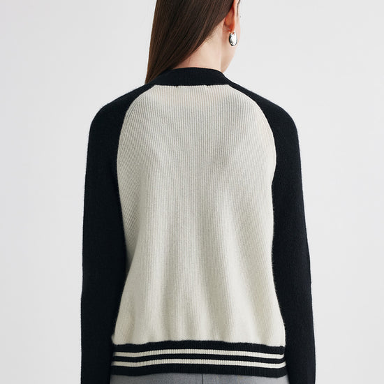 COMOBOCA 100% Cashmere Women's Color Block Knit Baseball Jacket