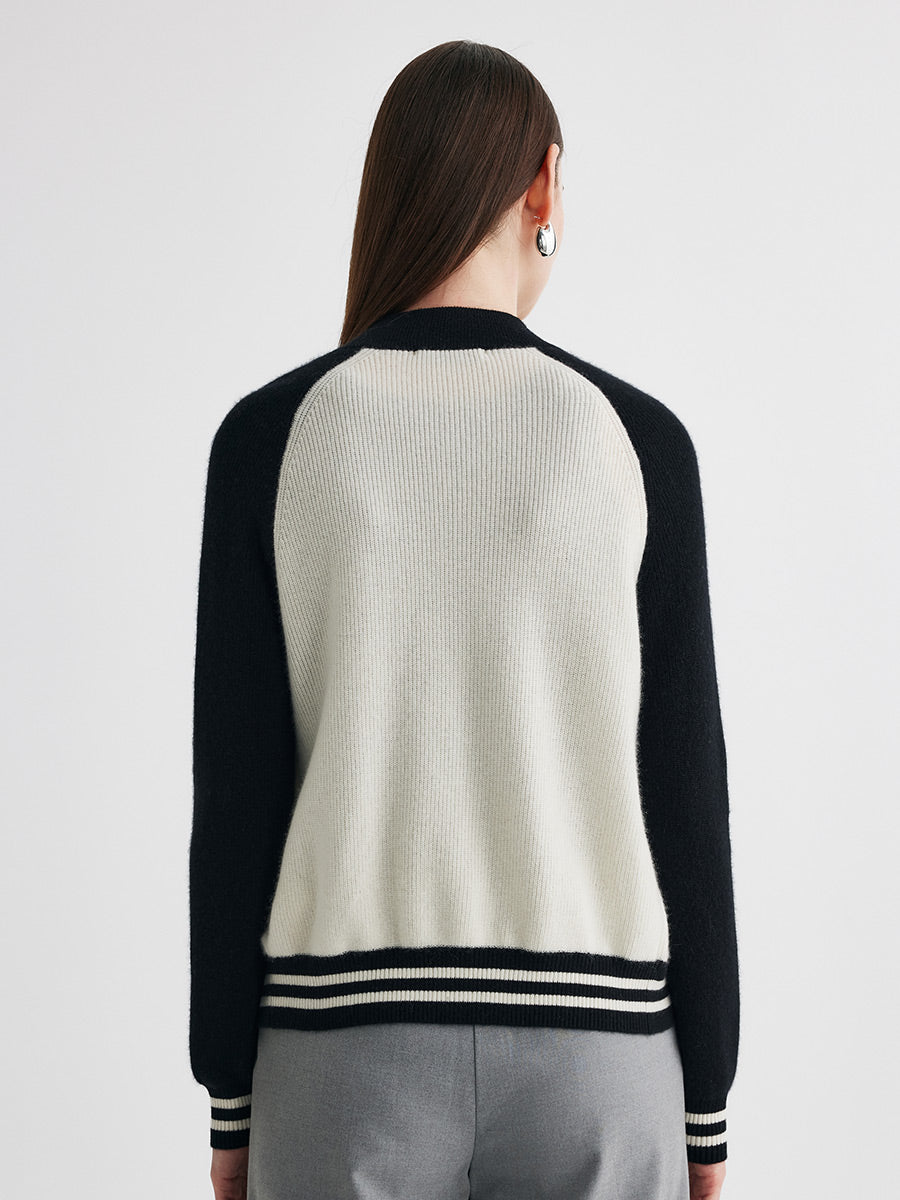 COMOBOCA 100% Cashmere Women's Color Block Knit Baseball Jacket