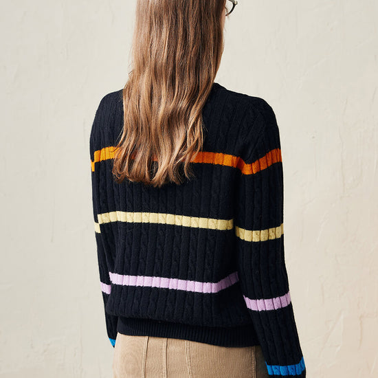 COMOBOCA 100% Wool Women's Colorful Striped Cable Knit Sweater