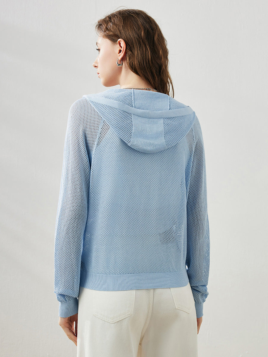 COMOBOCA Women's Ribbed Mesh Zip-Up Hoodie