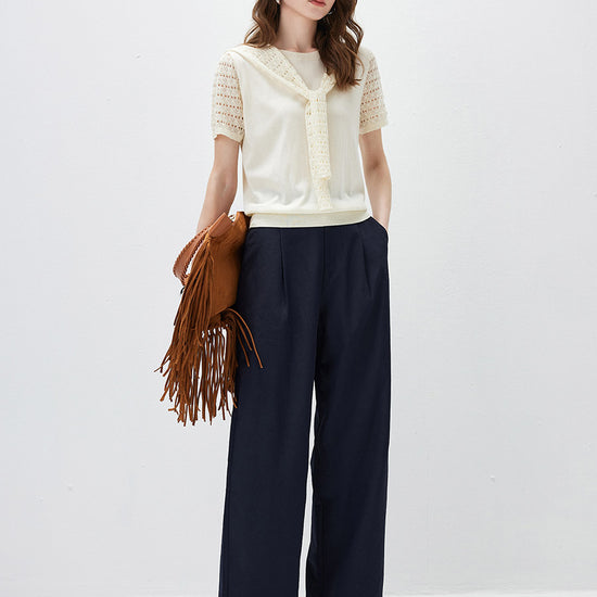 COMOBOCA Women's Lace Round Neck Knit T-Shirt