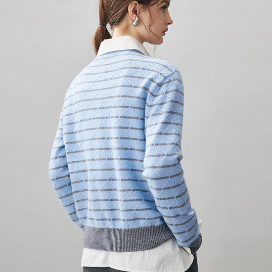 COMOBOCA 100% Cashmere Women's Striped Round Neck Knit Sweater