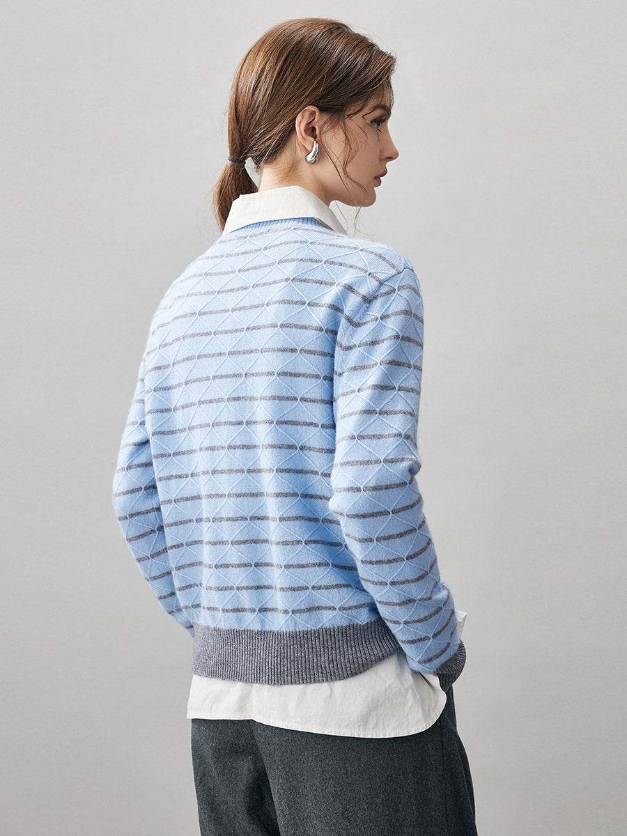 COMOBOCA 100% Cashmere Women's Striped Round Neck Knit Sweater
