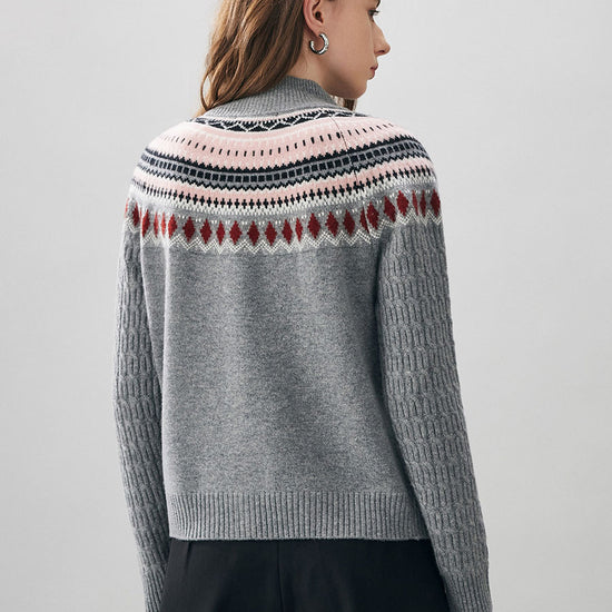 COMOBOCA 100% Wool Women's Fair Isle Zip Up Cable Knit Cardigan