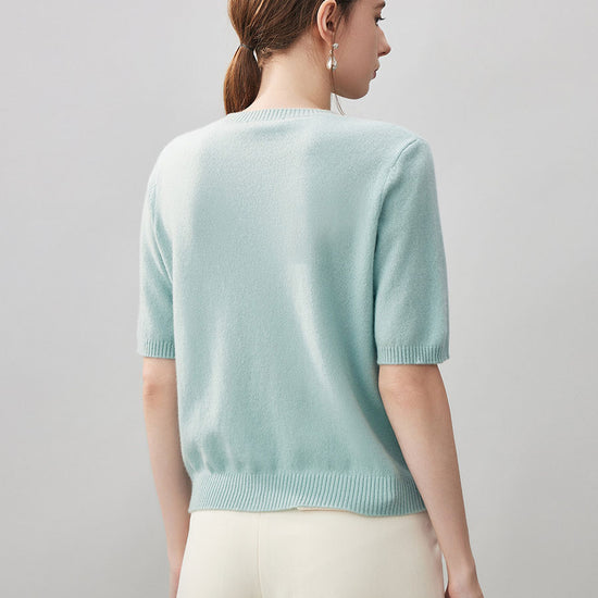 COMOBOCA 100% Cashmere Women's Embroidered Logo Short Sleeve Sweater