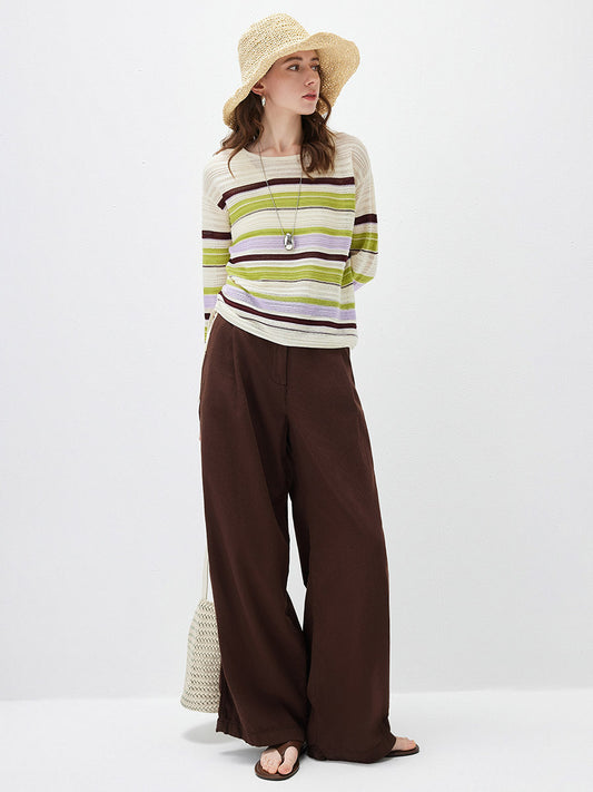 COMOBOCA Women's Striped Mesh Ruched Drawstring Knit Sweater