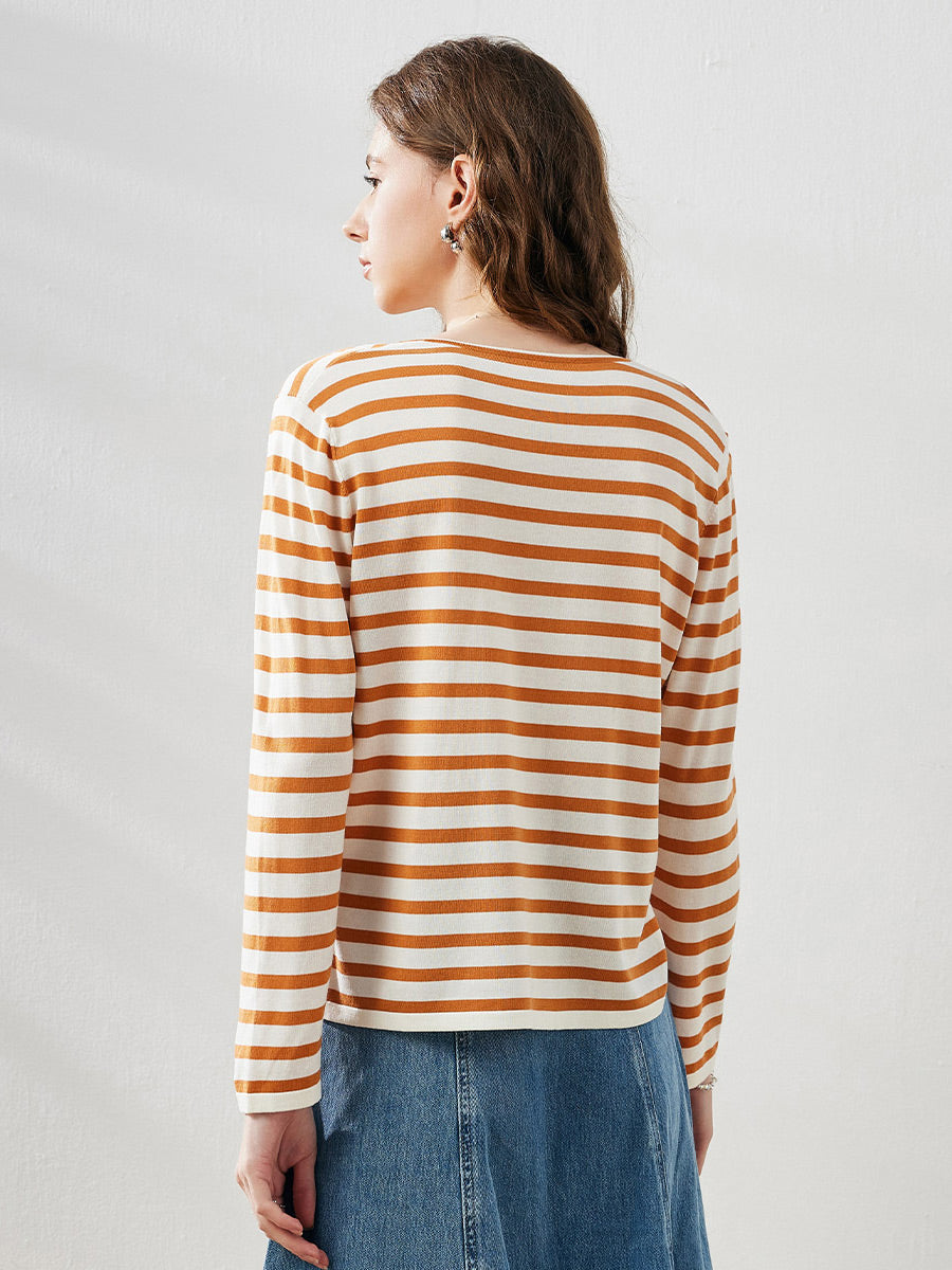 COMOBOCA Women's Striped Long Sleeve V-Neck T-Shirt