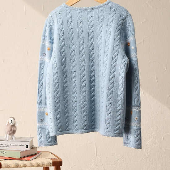 COMOBOCA 100% Wool Kid's Floral Embroidered Cable Knit Cardigan