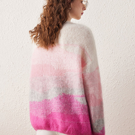 COMOBOCA Women's Mohair Crew Neck Gradient Knit Sweater