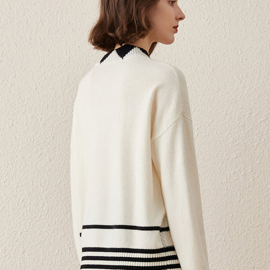 COMOBOCA 100% Cashmere Women's Contrast Jacquard Mock Neck Sweater