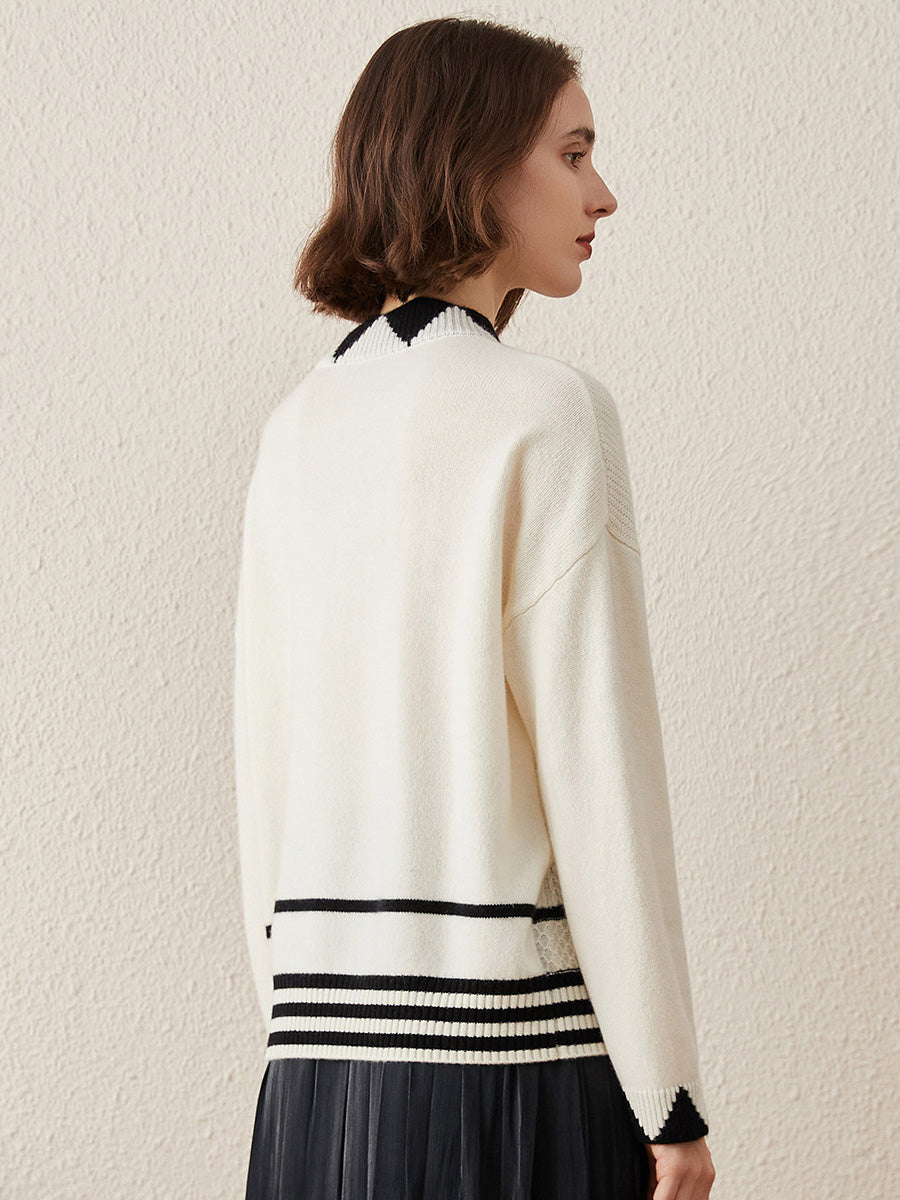 COMOBOCA 100% Cashmere Women's Contrast Jacquard Mock Neck Sweater