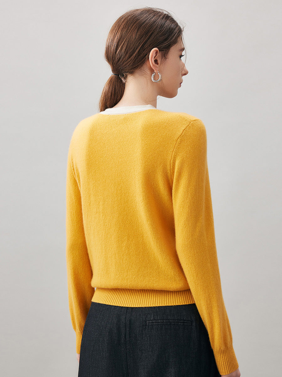 COMOBOCA 100% Cashmere Women's Contrast Trim Button Front Sweater