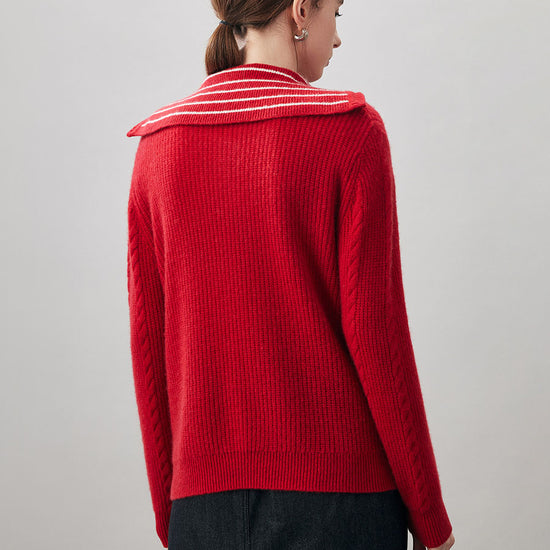 COMOBOCA 100% Cashmere Women's Cable Half Zip Striped Collar Sweater