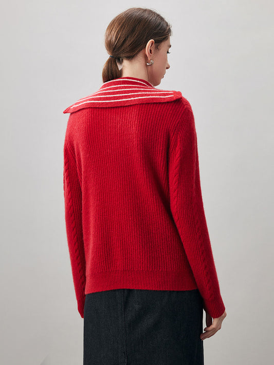 COMOBOCA 100% Cashmere Women's Cable Half Zip Striped Collar Sweater