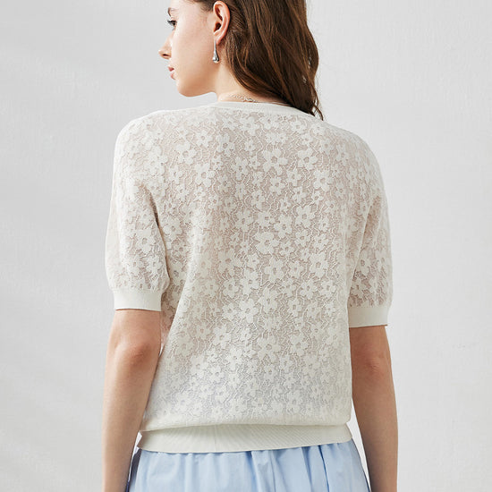 COMOBOCA Women's Cotton Silk Versatile Floral Lace Knit T-Shirt