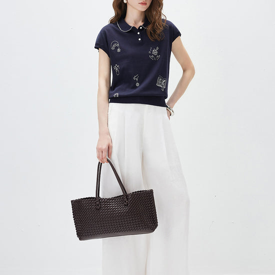 COMOBOCA Women's Embroidered Collared Knit T-Shirt