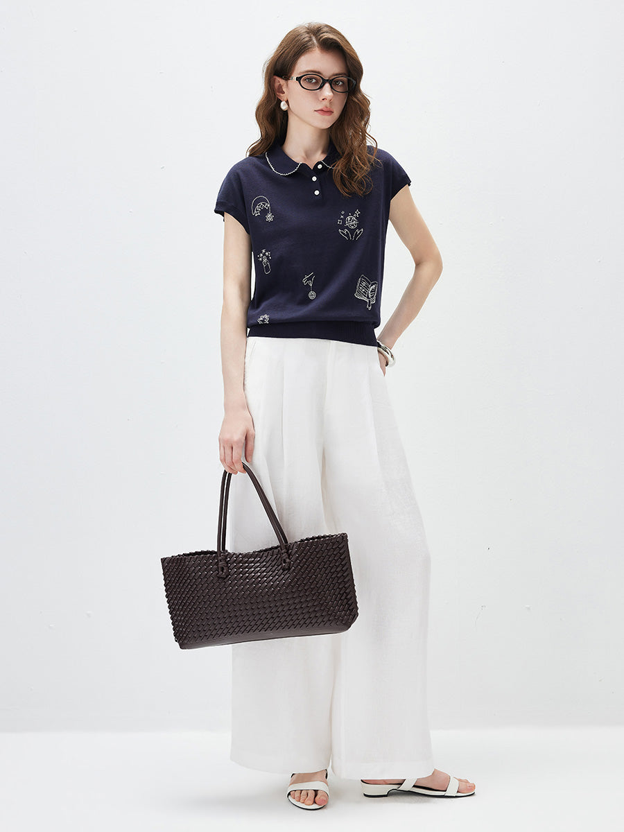 COMOBOCA Women's Embroidered Collared Knit T-Shirt