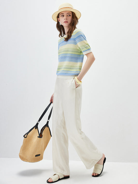 COMOBOCA Women's Gradient Stripe Openwork Knit T-Shirt