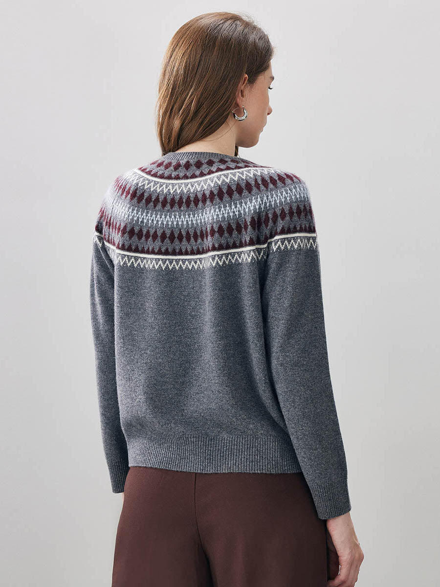 COMOBOCA 100% Wool Women's Geometric Fair Isle Knit Sweater