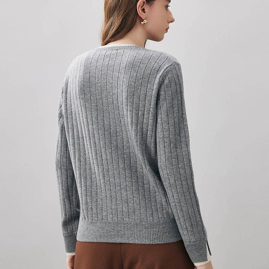 COMOBOCA 100% Wool Women's Ribbed Contrast Trim Sweater