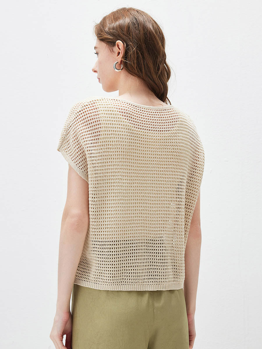 COMOBOCA Women's Openwork Mesh Knit Button Front Top