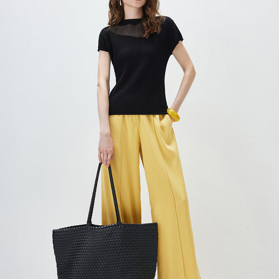 COMOBOCA Women's Waffle Knit Cap Sleeve T-Shirt with Sheer Yoke