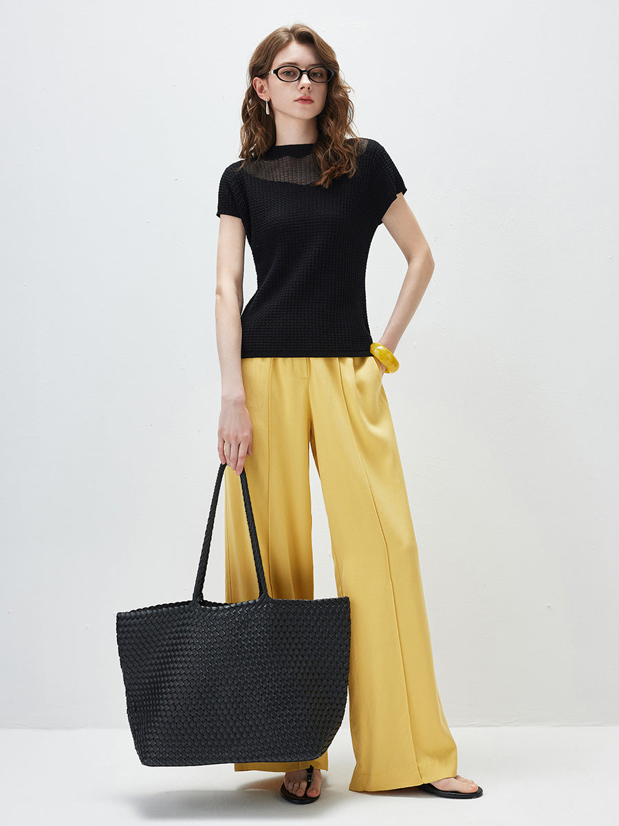 COMOBOCA Women's Waffle Knit Cap Sleeve T-Shirt with Sheer Yoke