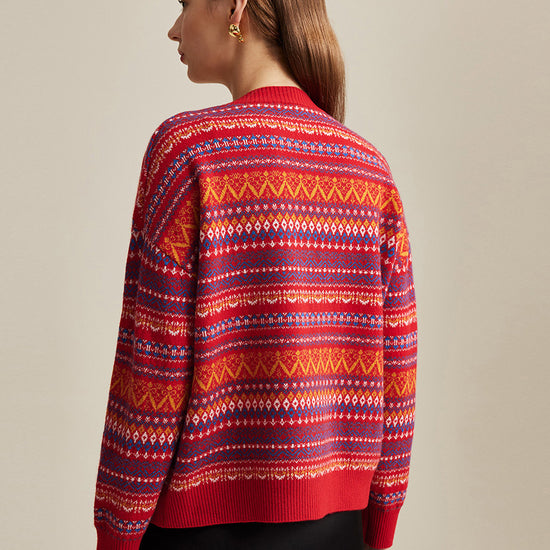COMOBOCA 100% Wool Women's Fair Isle Patterned Cardigan