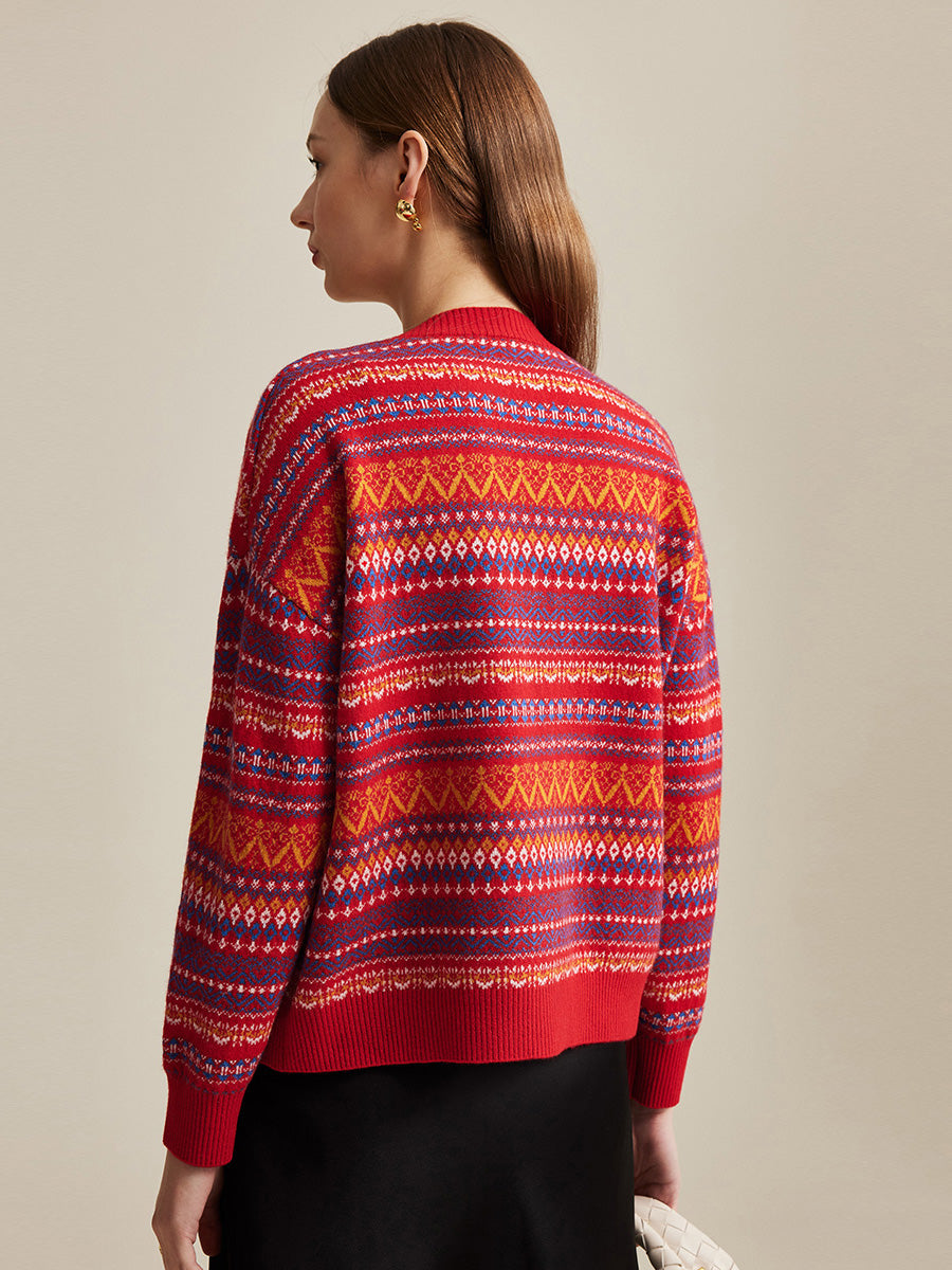 COMOBOCA 100% Wool Women's Fair Isle Patterned Cardigan
