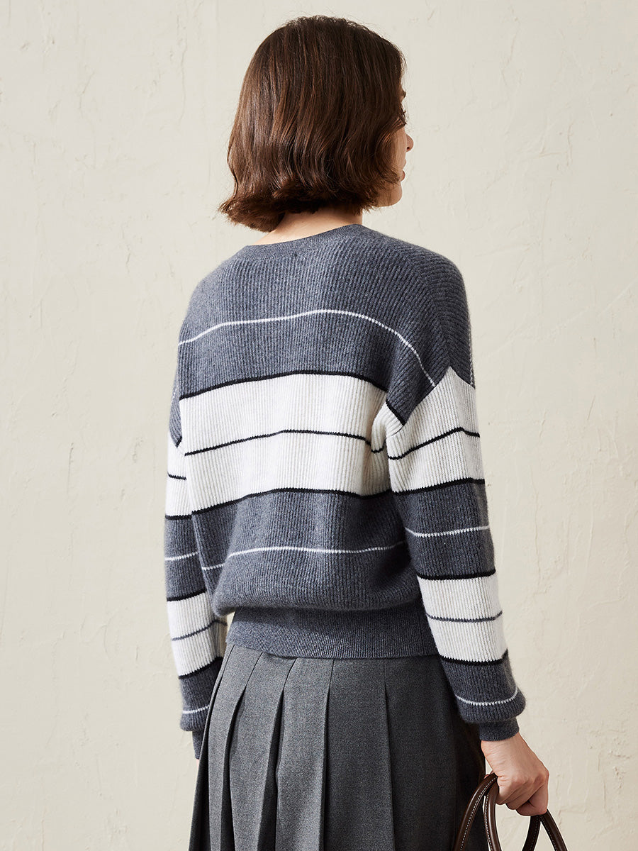 COMOBOCA 100% Cashmere Women's Striped Crewneck Sweater
