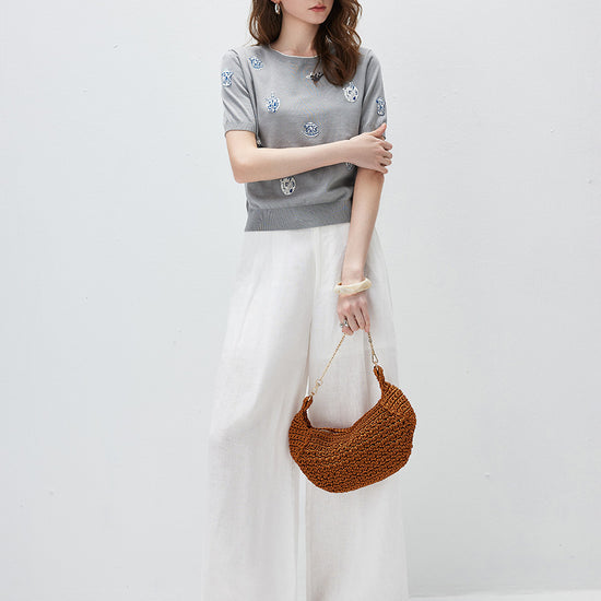 COMOBOCA Women's Knit Top with Porcelain Embroidery