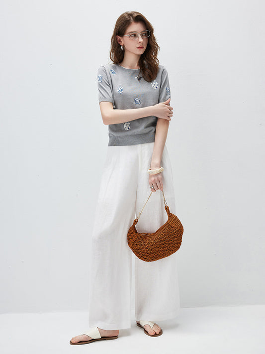 COMOBOCA Women's Knit Top with Porcelain Embroidery