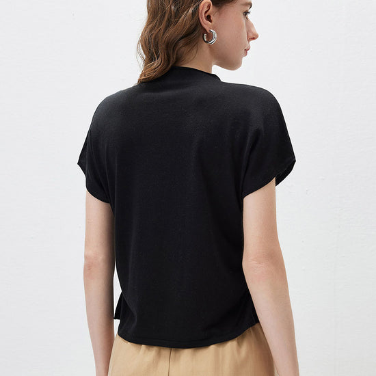 COMOBOCA Women's Side Ruched Mock Neck Knit T-Shirt