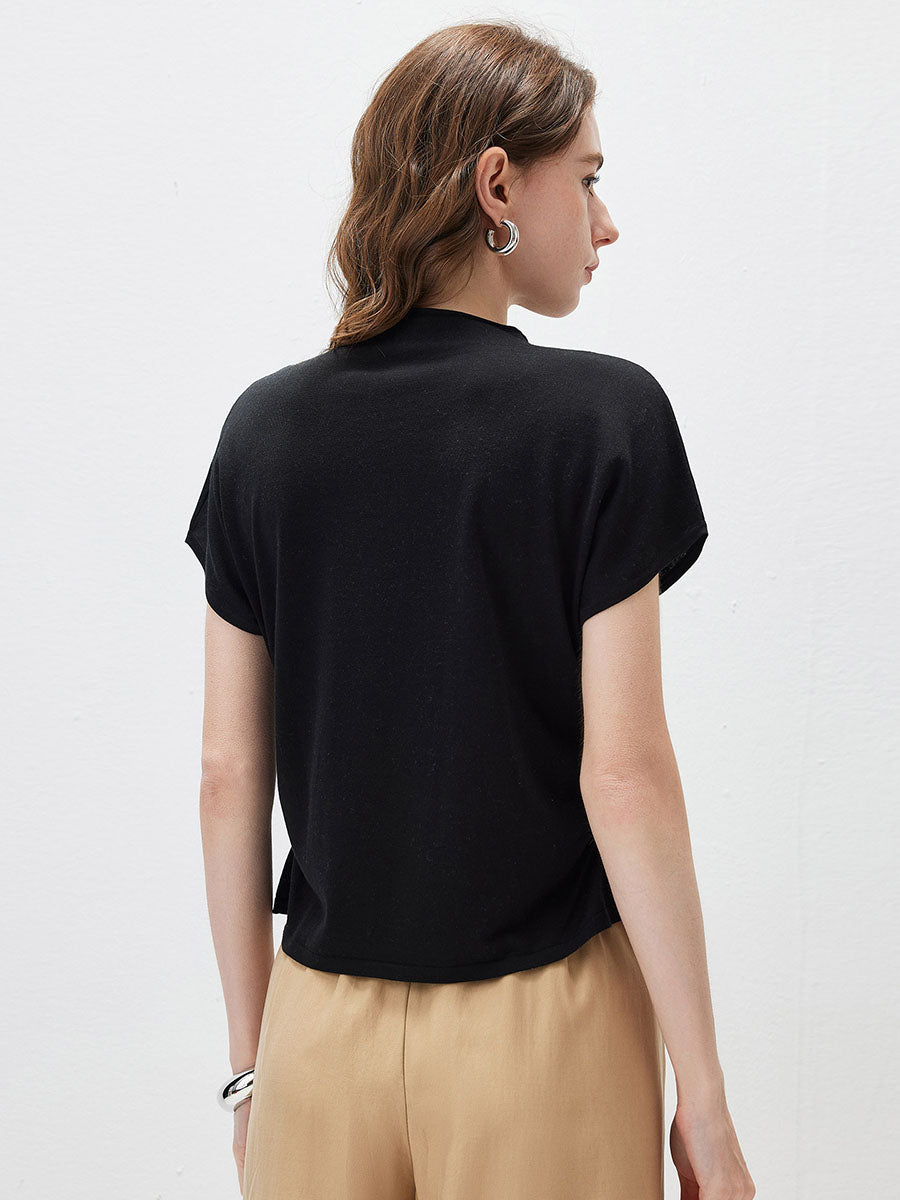 COMOBOCA Women's Side Ruched Mock Neck Knit T-Shirt