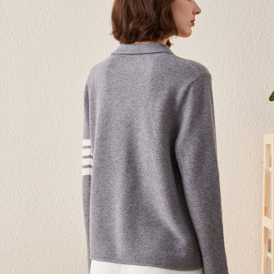 COMOBOCA 100% Cashmere Women's Striped Sleeve Knit Pocket Cardigan