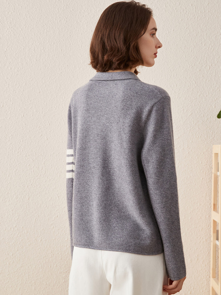 COMOBOCA 100% Cashmere Women's Striped Sleeve Knit Pocket Cardigan