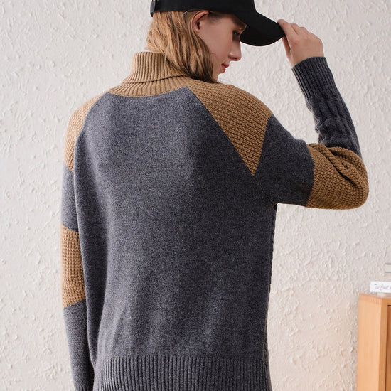 COMOBOCA 100% Cashmere Women's Cable Knit Color Block Sweater