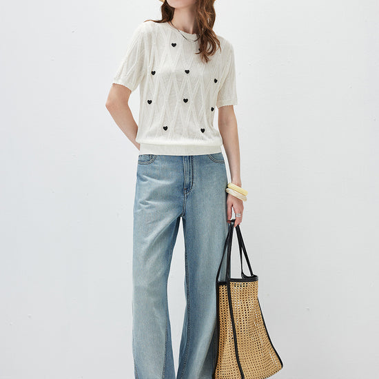 COMOBOCA Women's Heart Appliques Diamond Knit Top