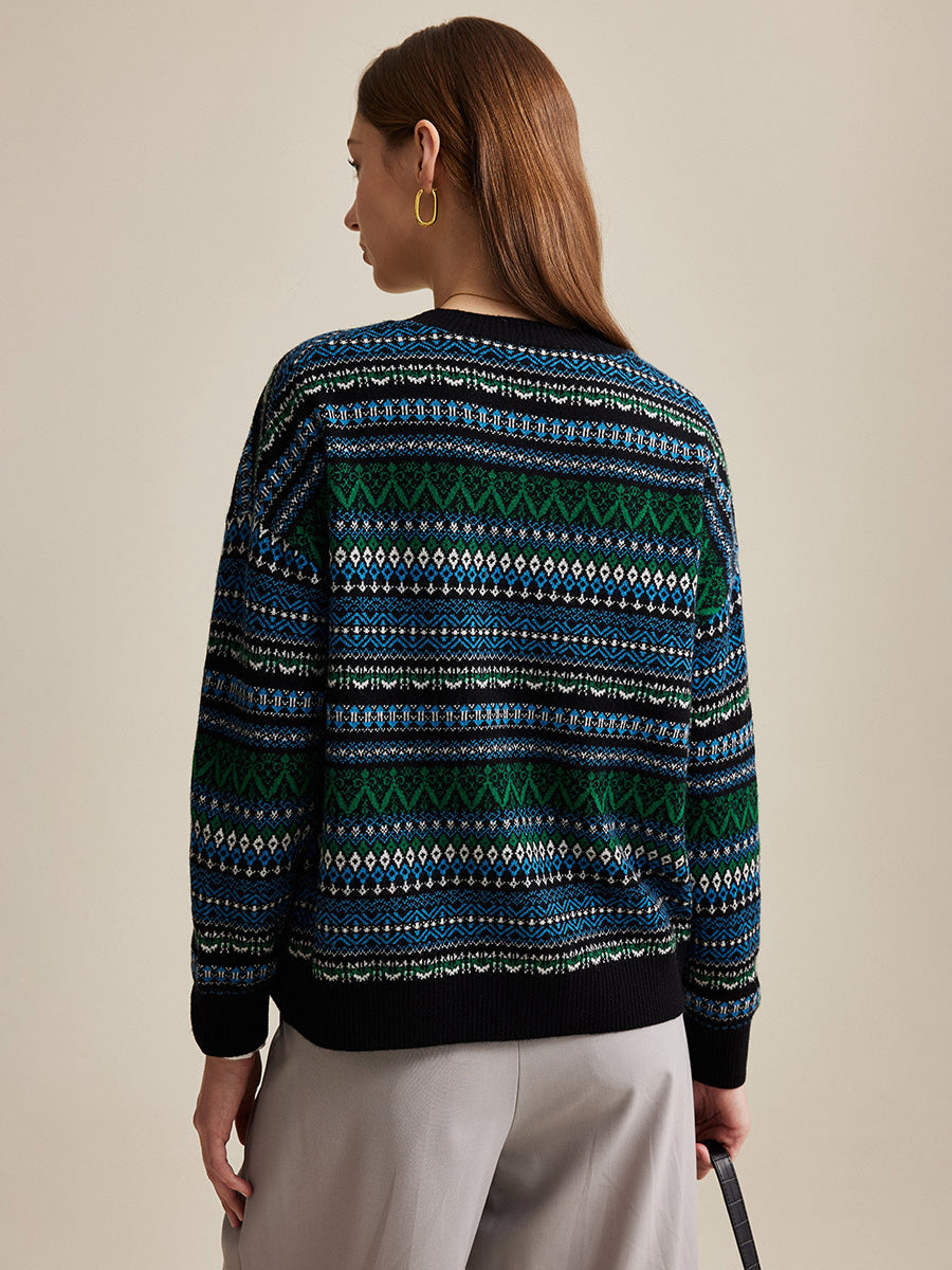 COMOBOCA 100% Wool Women's Fair Isle Patterned Cardigan
