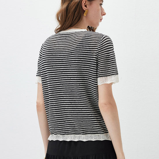 COMOBOCA Women's Drawstring Striped Lace Trim Knit T-Shirt