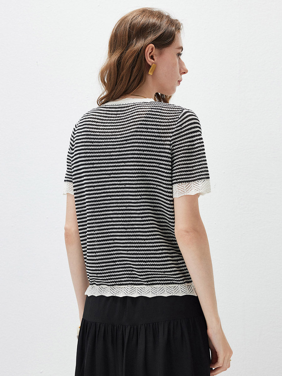 COMOBOCA Women's Drawstring Striped Lace Trim Knit T-Shirt