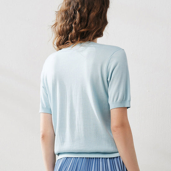 COMOBOCA Women's Lyocell V-Neck Ribbed Knit T-Shirt