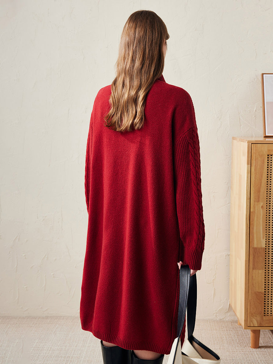 COMOBOCA 100% Wool Women's Cable Knit Long Front Button Coat