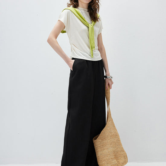 COMOBOCA Women's Side Ruched Mock Neck Knit T-Shirt