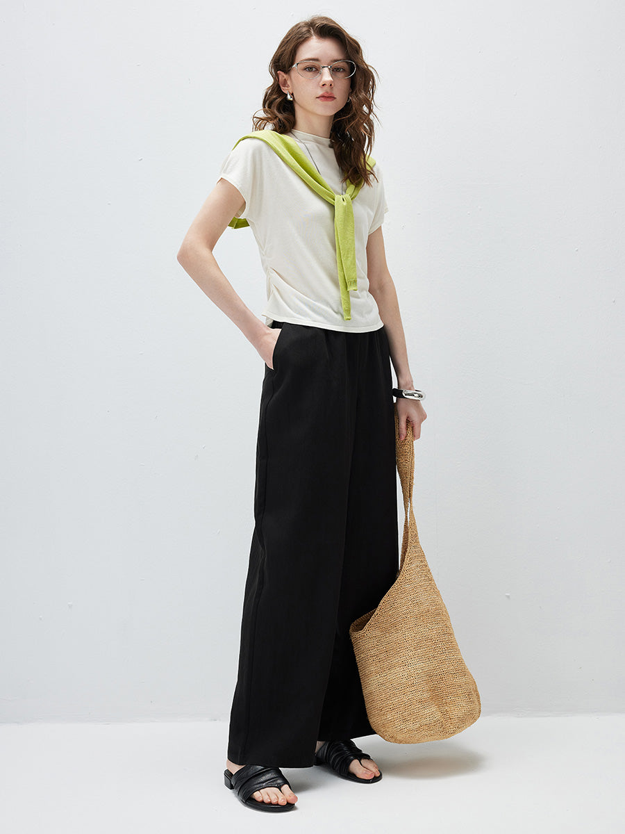 COMOBOCA Women's Side Ruched Mock Neck Knit T-Shirt