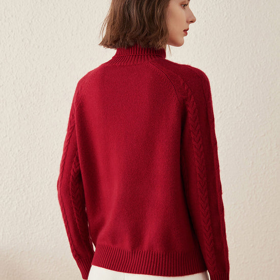 COMOBOCA 100% Cashmere Women's Turtleneck Cable Knit Sweater